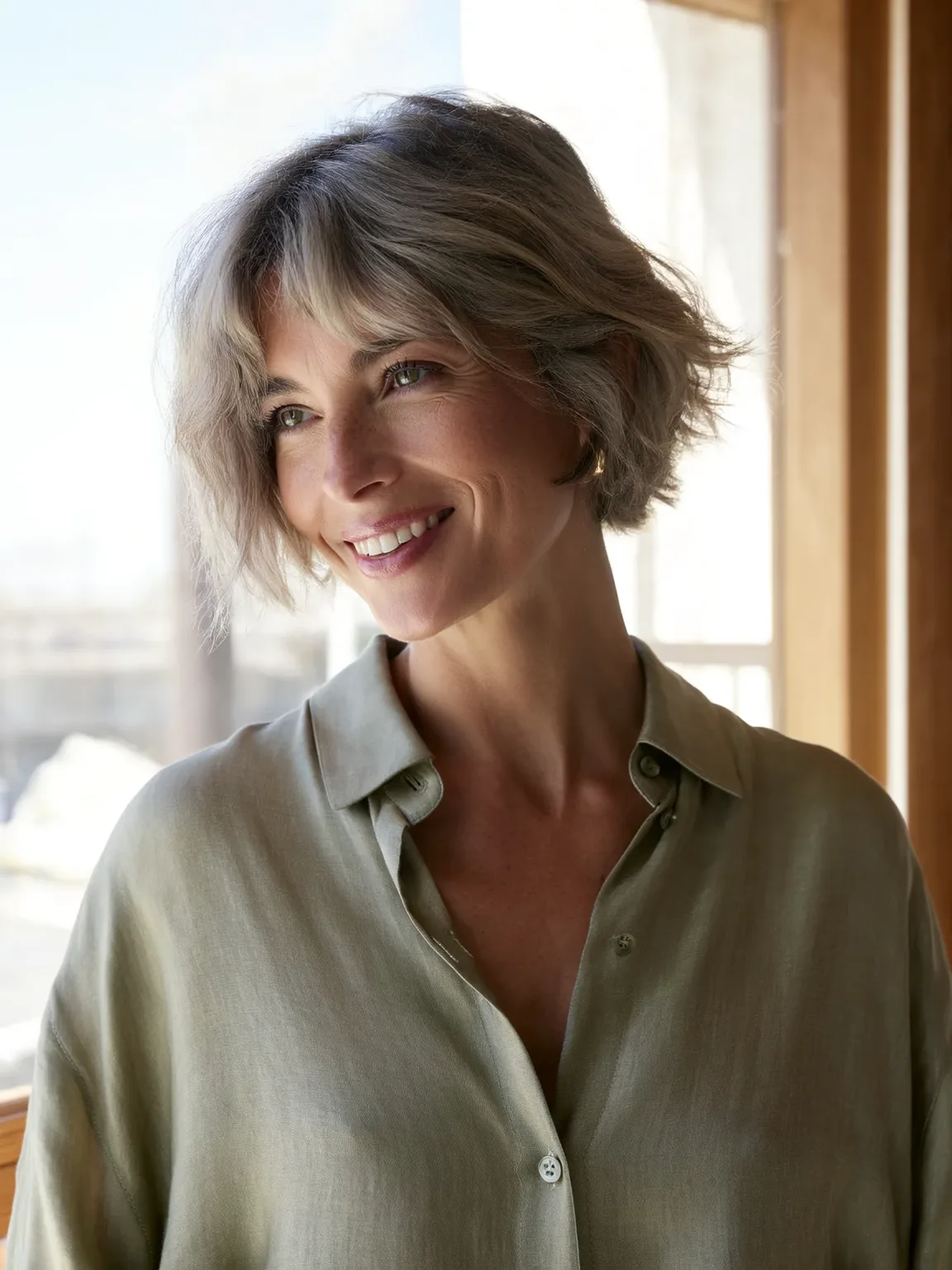 Silvery Ash Blonde Wavy Bob with Soft Curtain Bangs